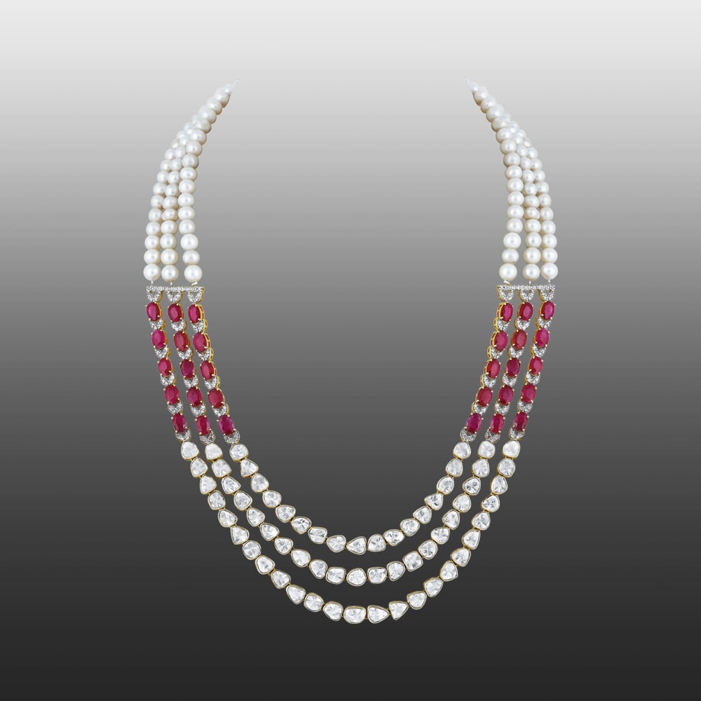 Three-Layer Polki Necklace with Rubies and Pearl Strings